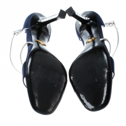 Prada Blue/Silver Satin and Leather Jeweled Heel Criss Cross Ankle Strap Sandals Size 38.5