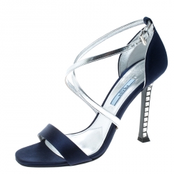 Prada Blue/Silver Satin and Leather Jeweled Heel Criss Cross Ankle Strap Sandals Size 38.5