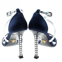 Prada Blue/Silver Satin and Leather Jeweled Heel Criss Cross Ankle Strap Sandals Size 38.5