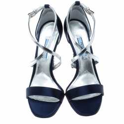 Prada Blue/Silver Satin and Leather Jeweled Heel Criss Cross Ankle Strap Sandals Size 38.5