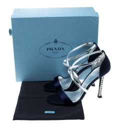 Prada Blue/Silver Satin and Leather Jeweled Heel Criss Cross Ankle Strap Sandals Size 38.5