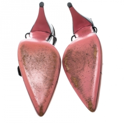 Pre Owned Prada Blush Pink/Black Leather Floral Embellished Slingback Pointed Toe Sandals Size 37