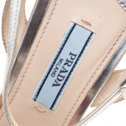 Pre Owned Prada Silver Glitter and Leather Ankle Strap Platform Sandals Size 37