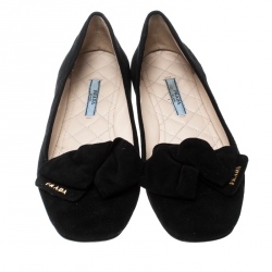 Pre Owned Prada Black Suede Bow Detail Smoking Slippers Size 38