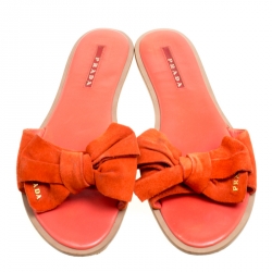 Prada Sport Coral Orange Suede Bow Slides Size 37
