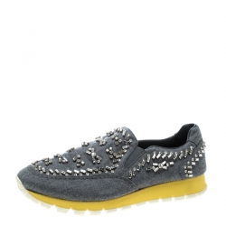 Pre Owned Prada Grey Canvas Jeweled Slip on Sneakers Size 39