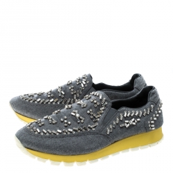 Pre Owned Prada Grey Canvas Jeweled Slip on Sneakers Size 39