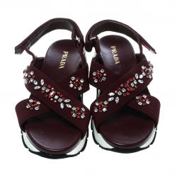 Pre Owned Prada Purple Fabric Crystal Embellished Platform Flat Sandals Size 38.5