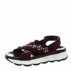 Pre Owned Prada Purple Fabric Crystal Embellished Platform Flat Sandals Size 38.5