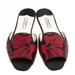 Prada Black/Red Floral Sequins Embellished Flat Slides Size 38