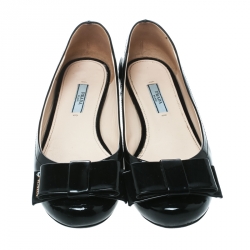 Pre Owned Prada Black Patent Leather Bow Ballet Flats Size 38.5