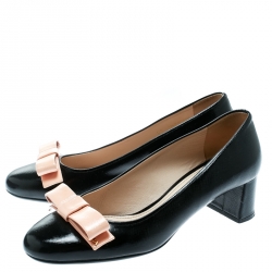 Pre Owned Prada Black Saffiano Leather Bow Detail Block Heel Pumps Size 37