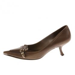 Pre Owned Prada Brown Leather Pointed Toe Kitten Heel Pumps Size 36.5