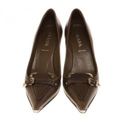 Pre Owned Prada Brown Leather Pointed Toe Kitten Heel Pumps Size 36.5
