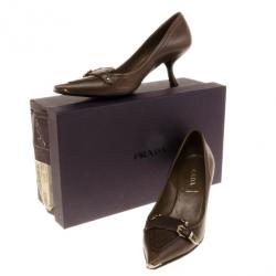 Pre Owned Prada Brown Leather Pointed Toe Kitten Heel Pumps Size 36.5