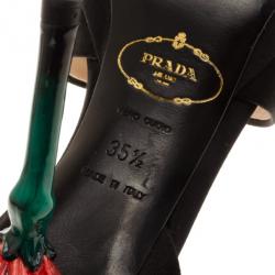مملوكة مسبقًا Prada Black Satin Floral Enamel Sandals Size 35.5