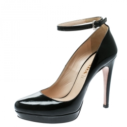 Pre Owned Prada Black Patent Leather Ankle Strap Platform Pumps Size 36