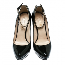 Pre Owned Prada Black Patent Leather Ankle Strap Platform Pumps Size 36