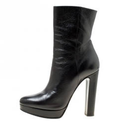 Pre Owned Prada Black Leather Platform Ankle Boots Size 36