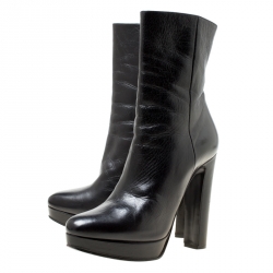 Pre Owned Prada Black Leather Platform Ankle Boots Size 36