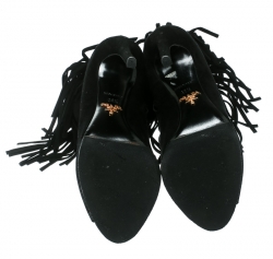 Pre Owned Prada Black Suede Fringe Detail Peep Toe Ankle Boots Size 36.5