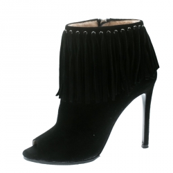 Pre Owned Prada Black Suede Fringe Detail Peep Toe Ankle Boots Size 36.5