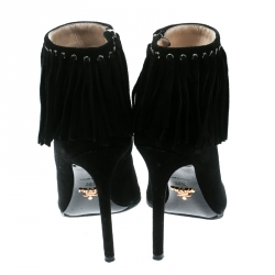 Pre Owned Prada Black Suede Fringe Detail Peep Toe Ankle Boots Size 36.5