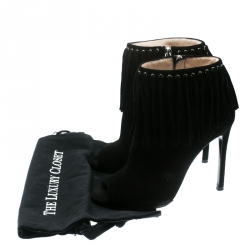 Pre Owned Prada Black Suede Fringe Detail Peep Toe Ankle Boots Size 36.5