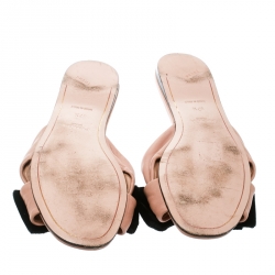 Pre Owned Prada Special Edition Beige Leather With Black Velvet Bow Peep Toe Flat Slides Size 37.5