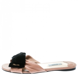 Pre Owned Prada Special Edition Beige Leather With Black Velvet Bow Peep Toe Flat Slides Size 37.5