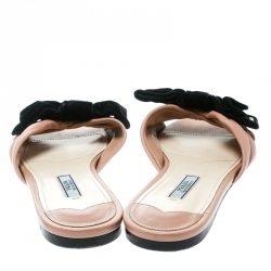 Pre Owned Prada Special Edition Beige Leather With Black Velvet Bow Peep Toe Flat Slides Size 37.5