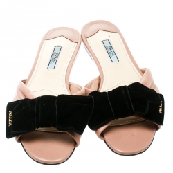 Pre Owned Prada Special Edition Beige Leather With Black Velvet Bow Peep Toe Flat Slides Size 37.5