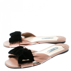 Pre Owned Prada Special Edition Beige Leather With Black Velvet Bow Peep Toe Flat Slides Size 37.5