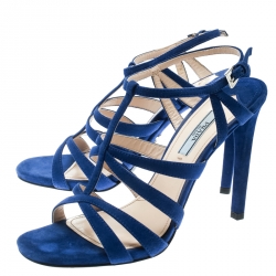Prada Blue Suede Cross T Strappy Sandals Size 38.5