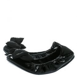 Pre Owned Prada Sport Black Patent Leather Bow Detail Scrunch Ballet Flat Size 40