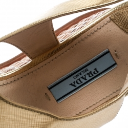 Pre Owned Prada Gold Saffiano Leather Wedge Sandals Size 37.5