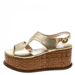 Pre Owned Prada Gold Saffiano Leather Wedge Sandals Size 37.5