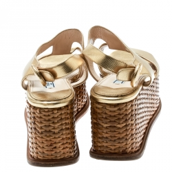 Pre Owned Prada Gold Saffiano Leather Wedge Sandals Size 37.5