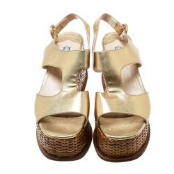 Pre Owned Prada Gold Saffiano Leather Wedge Sandals Size 37.5