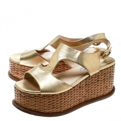 Pre Owned Prada Gold Saffiano Leather Wedge Sandals Size 37.5
