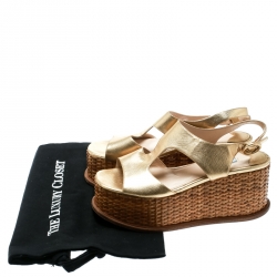 Pre Owned Prada Gold Saffiano Leather Wedge Sandals Size 37.5