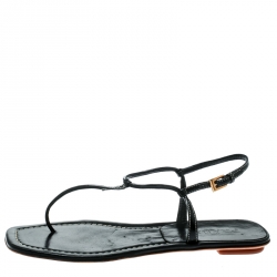 Pre Owned Prada Black Patent Leather Ankle Strap Thong Flats Sandals Size 37