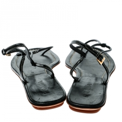 Pre Owned Prada Black Patent Leather Ankle Strap Thong Flats Sandals Size 37