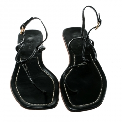 Pre Owned Prada Black Patent Leather Ankle Strap Thong Flats Sandals Size 37