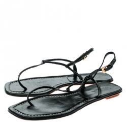 Pre Owned Prada Black Patent Leather Ankle Strap Thong Flats Sandals Size 37