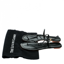 Pre Owned Prada Black Patent Leather Ankle Strap Thong Flats Sandals Size 37