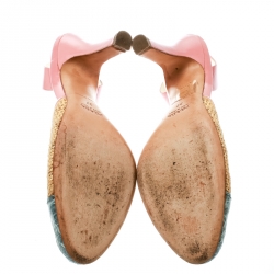 Pre Owned Prada Multicolor Woven Raffia and Alligator Cap Toe Sandals Size 37