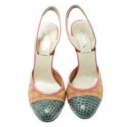 Pre Owned Prada Multicolor Woven Raffia and Alligator Cap Toe Sandals Size 37