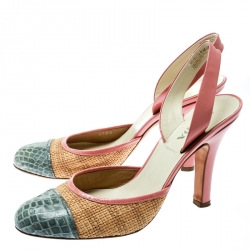 Pre Owned Prada Multicolor Woven Raffia and Alligator Cap Toe Sandals Size 37