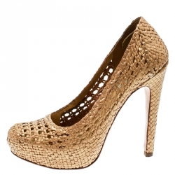Pre Owned Prada Metallic Gold Woven Leather Madras Platform Pumps Size 38